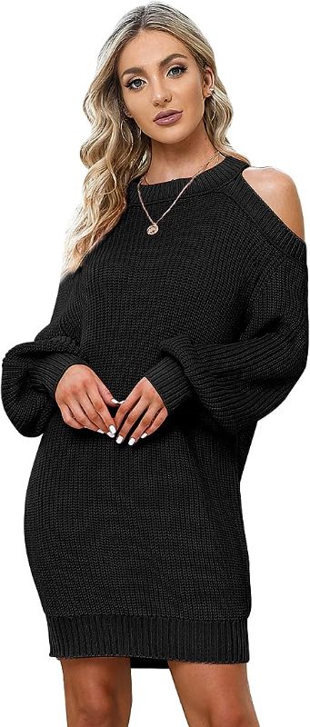 Photo 1 of Byinns Women's Off Shoulder Halterneck Long Bell Sleeve Pullover Cold Shoulder Backless Cute Mini Sweater Dress - S