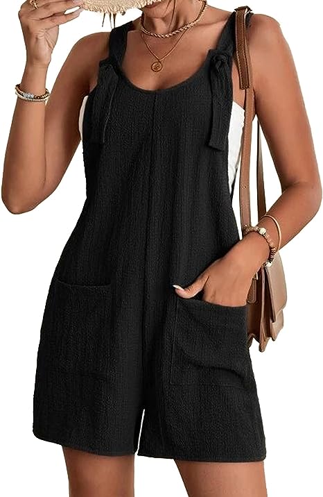 Photo 1 of Ainangua Women's Casual Loose Sleeveless Jumpsuit Shorts Linen Adjustable Knot Strap Short Overalls Pocketed Rompers 
M