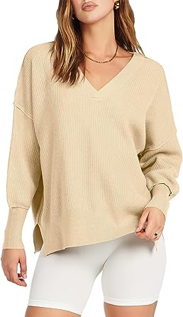 Photo 1 of ANRABESS Women's Long Sleeve V Neck Hooded Drop Shoulder Oversized Slouchy Knit Pullover Sweater with Slit SIZE S 