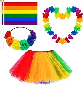 Photo 1 of 5 PCS Pride Accessories, Layered Rainbow Tulle Tutu Skirt Pride Leis Flower Headband 2 Pack Handheld Fans Set, Polyester Elastic Tutu Dress for Parade Month Parade Gay Lesbian Outfit Party Costume 