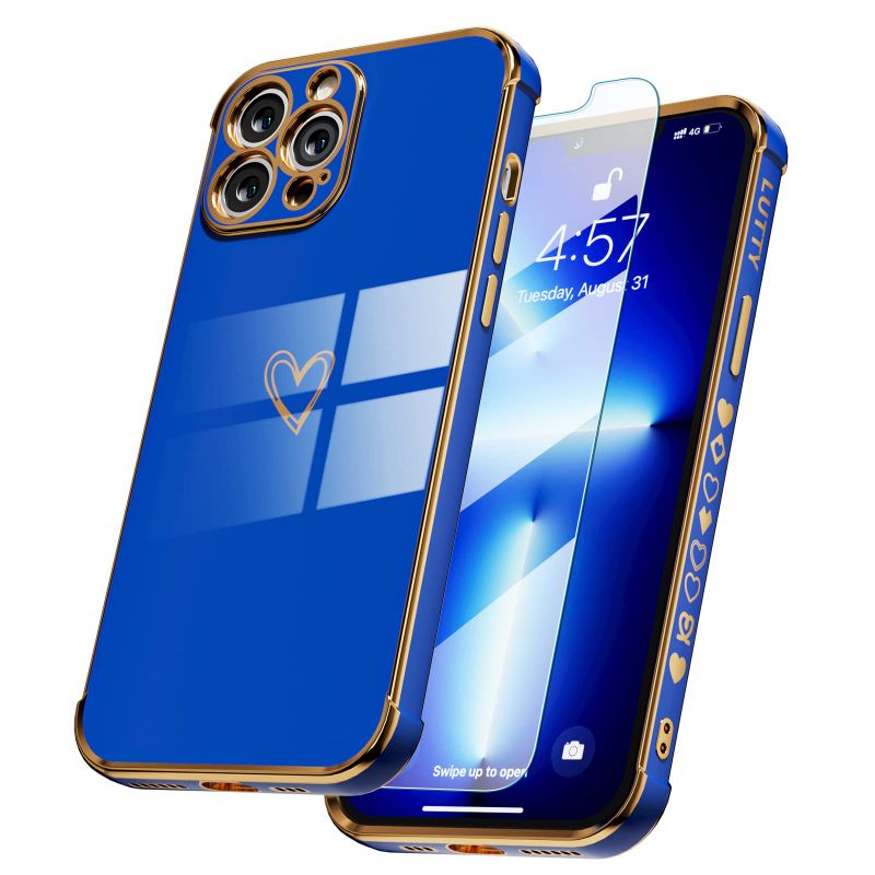 Photo 1 of  LUTTY Designed for iPhone 13 Pro Case for Women, Cute Soft Phone Cases with Screen Protector [1PCS], Full Camera Protection, Shockproof Reinforced Corners Bumper Cover (6.1 inch) - Sierra Blue Navy Blue iPhone 13 Pro 6.1"