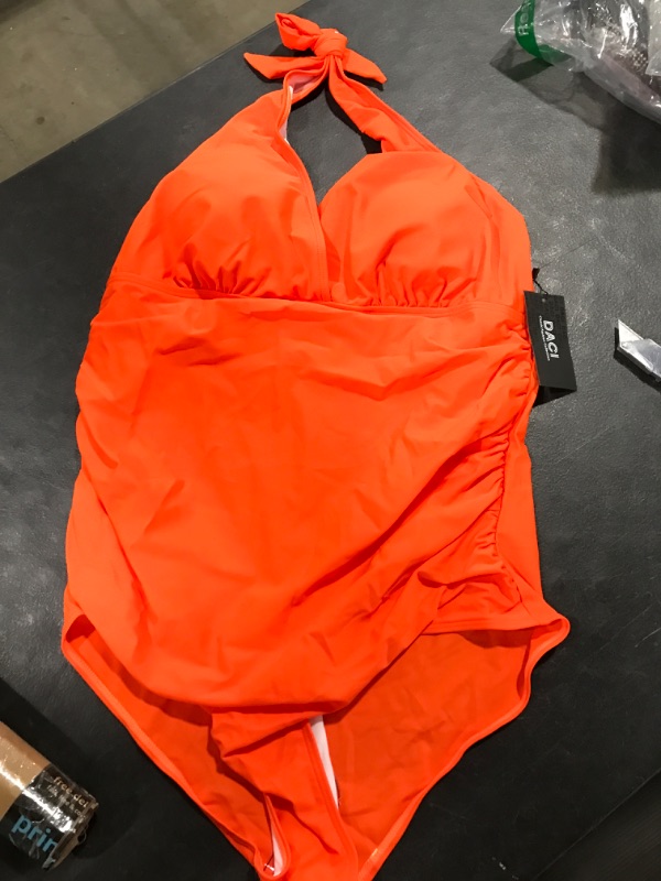 Photo 2 of Daci Women V Neck Plus Size One Piece Swimsuits Tummy Control Ruched Bathing Suit Halter Backless Swimwear 18 Plus Orange