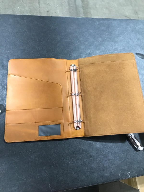 Photo 2 of AZXCG Leather Binder Portfolio, 3 Ring Binder Resume Zippered Padfolio Folder, Professional Business Document Organizer with A4 Notebook Holder, Handmade Gift for Women/Men, Brown Brown-3rings Standard