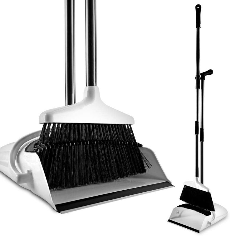 Photo 1 of Broom and Dustpan Set with Self Cleaning Bristles, Upright Stand Up Long Handle Floor Brush + Foldable Angle Dust Pan Combo for Indoor/Outdoor Sweeping, White