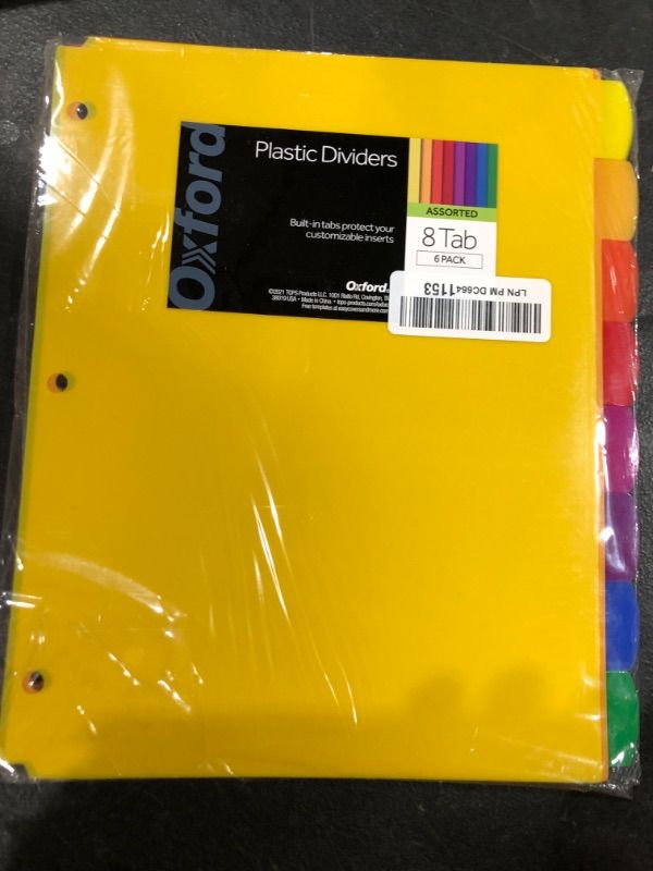 Photo 2 of Oxford Plastic Binder Dividers, 8 Tab, Insertable Multicolor Tabs, Letter Size, 6 Sets (89601)