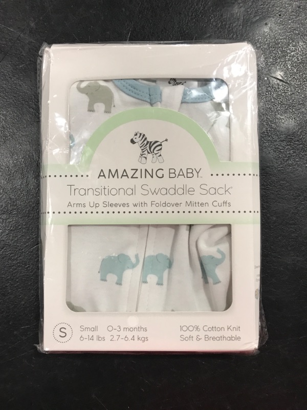 Photo 2 of Amazing Baby Transitional Swaddle Sack with Arms Up Half-Length Sleeves and Mitten Cuffs, Tiny Elephants, Blue, Small, 0-3 months, 6-14 lbs (Better Sleep for Baby Boys, Easy Swaddle Transition) Blue Tiny Elephants Small (6-14 Pound)