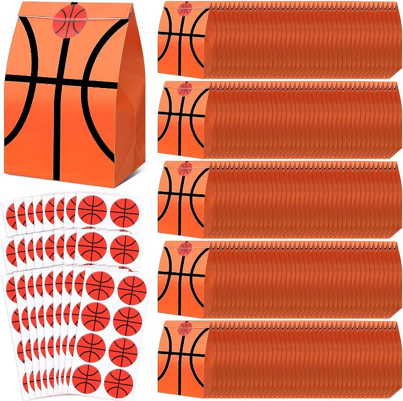 Photo 1 of 200 Pieces Basketball Party Favor Bags Basketball Gift Bags with Stickers Basketball Birthday Party Supplies Basketball Goody Treat Snacks Candy Bags for Kids Boys

