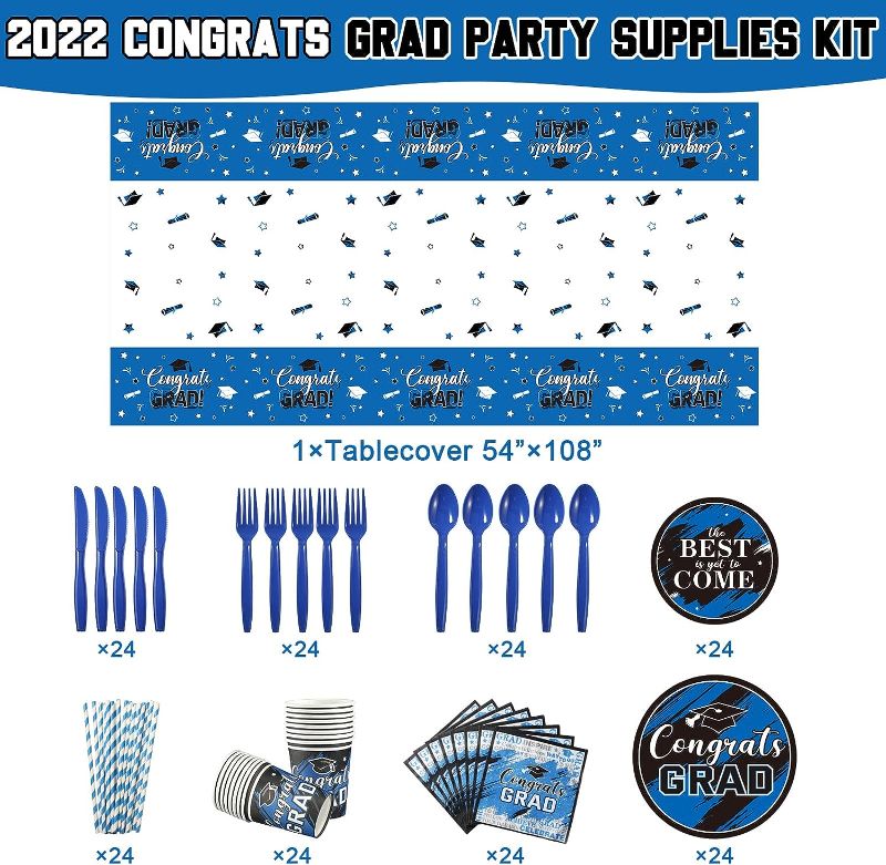 Photo 1 of 193 Pcs Congrats Grad Party Supplies Set Graduation Decoration Class of 2023 Graduate Tablecloth Cups Plates Napkins Tableware for Event Celebration Party Supply, Serves 24 (Blue and White)