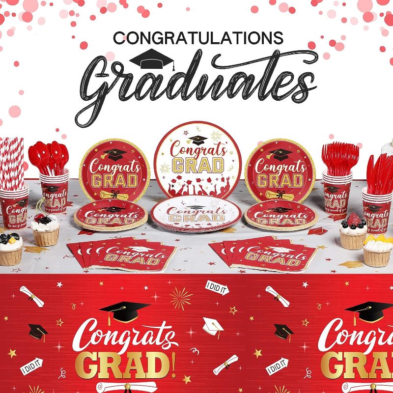 Photo 1 of 193 Pcs Graduation Party Supplies Set Grad Decoration Congrats Class of 2023 Graduation Tablecloth and Cups Plates Napkins Silverware for Event Celebration Party Supply, Serves 24 (Red and Gold)