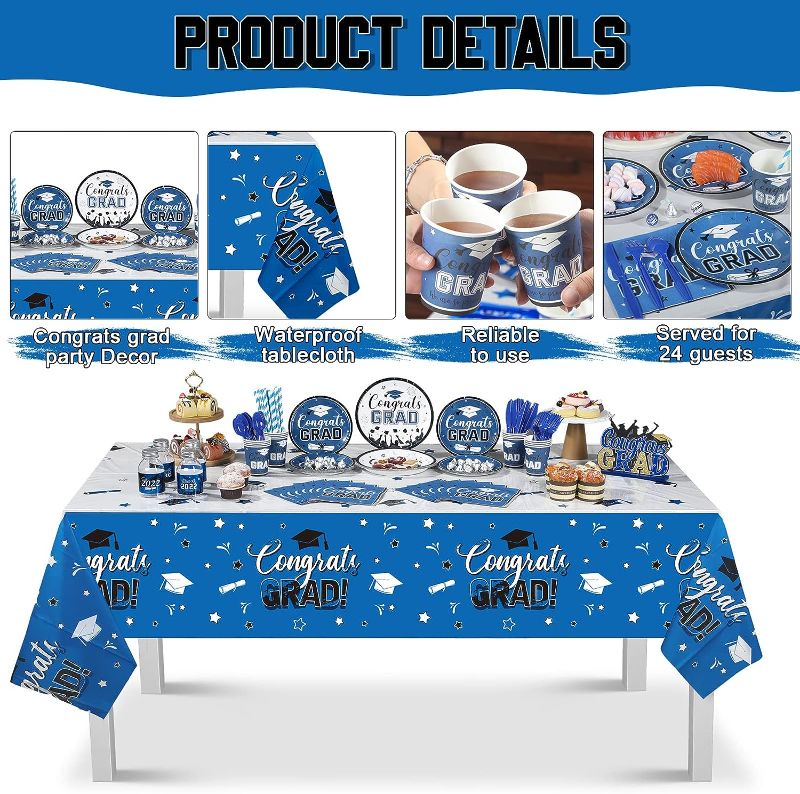 Photo 1 of 193 Pcs Graduation Party Supplies Set Grad Decoration Congrats Class of 2023 Graduation Tablecloth and Cups Plates Napkins Silverware for Event Celebration Party Supply, Serves 24 (Blue and White)