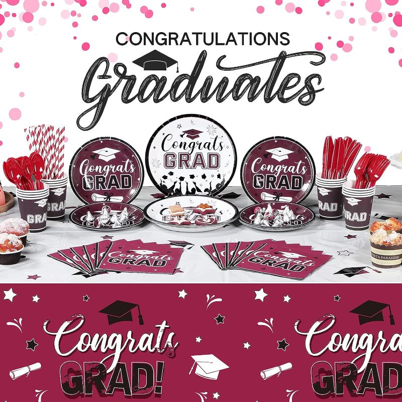 Photo 1 of 193 Pcs Graduation Party Supplies Set Grad Decoration Congrats Class of 2023 Graduation Tablecloth and Cups Plates Napkins Silverware for Event Celebration Party Supply, Serves 24 (Maroon and White)