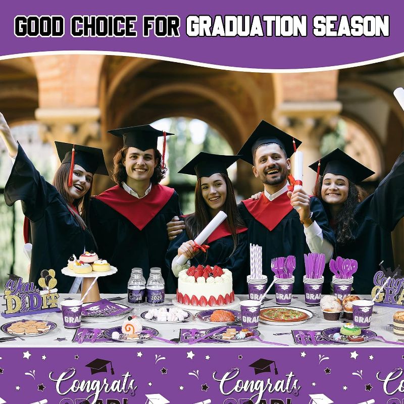 Photo 2 of 193 Pcs Graduation Party Supplies Set Grad Decoration Congrats Class of 2023 Graduation Tablecloth and Cups Plates Napkins Silverware for Event Celebration Party Supply, Serves 24 (Purple and White)