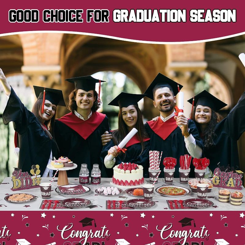 Photo 1 of 193 Pcs Graduation Party Supplies Set Grad Decoration Congrats Class of 2023 Graduation Tablecloth and Cups Plates Napkins Silverware for Event Celebration Party Supply, Serves 24 (Maroon and White)