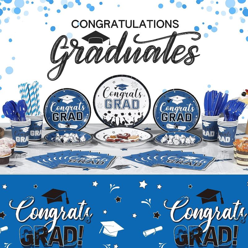 Photo 1 of 193 Pcs Graduation Party Supplies Set Grad Decoration Congrats Class of 2023 Graduation Tablecloth and Cups Plates Napkins Silverware for Event Celebration Party Supply, Serves 24 (Blue and White)