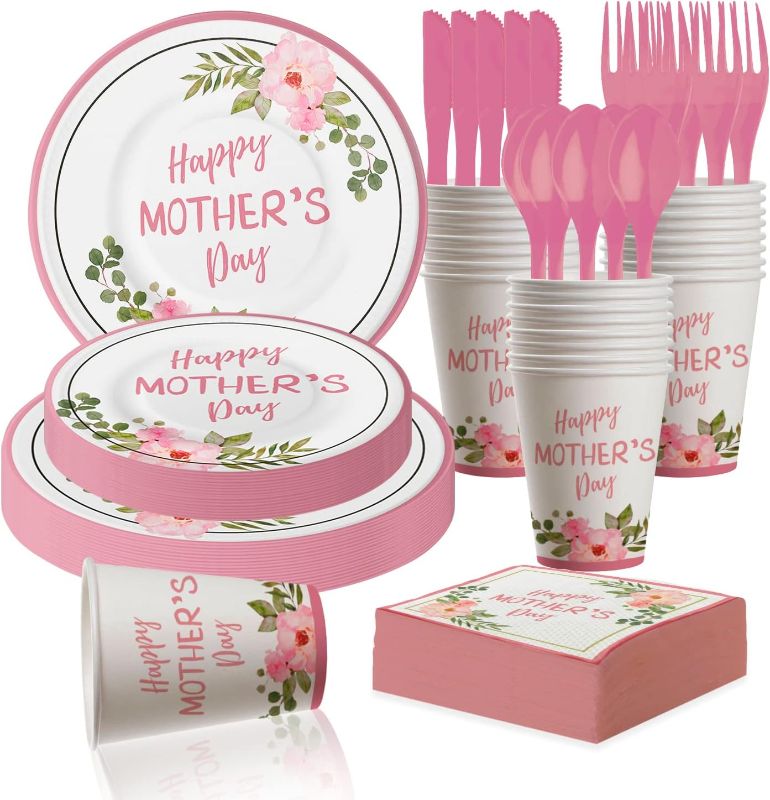 Photo 1 of ZUIFUGUI 175Pcs Happy Mother's Day Party Supplies Mother's Day Plates and Napkins for Best Mom Party Happy Mother's Day Party Decorations Serve 25 