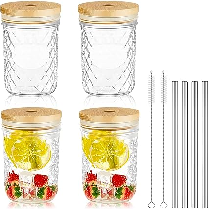 Photo 1 of 4 Pack Mason Jar Cups with Lids and Straws Wide Mouth Smoothie Cups Iced Coffee Cups Mason Jar Glass Cups with Bamboo Lids and Silver Straws Boba Tea Cups(Diamond,4.7 x 2.4 x 3.2 Inch) 