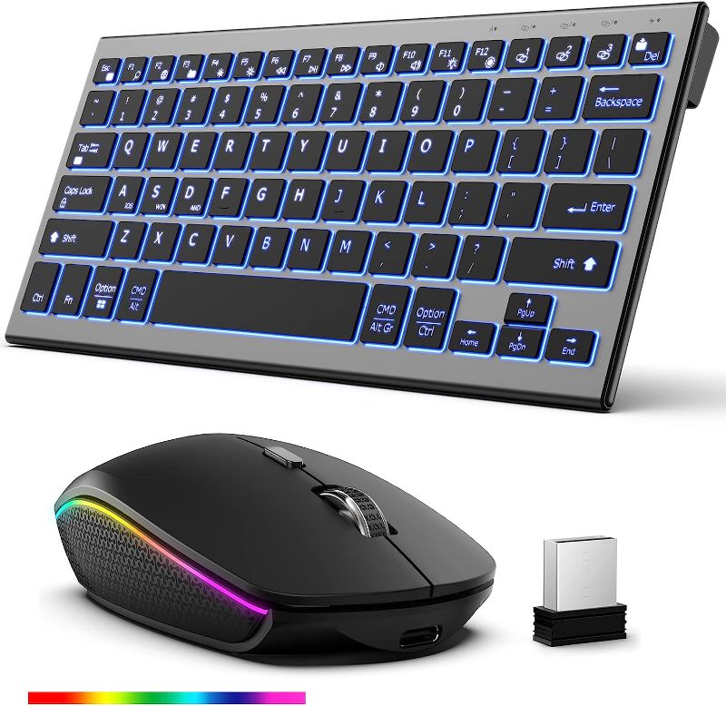 Photo 1 of Wireless Keyboard Mouse Combo, Ultra Slim Backlit Wireless Keyboard and Mouse Set Multi-Device 2.4G USB Rechargeable Bluetooth Keyboard and Mouse for PC, Laptop, Windows, Desktop(Grey Black)---missing usb connector 