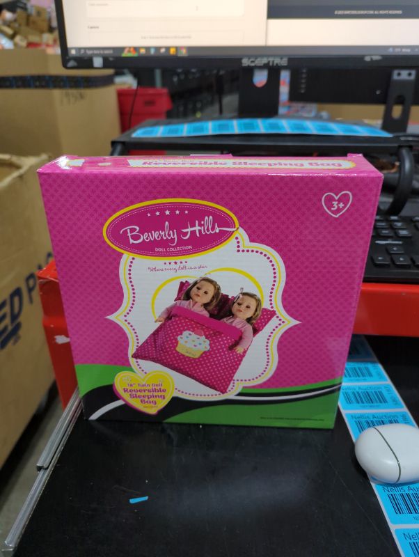 Photo 1 of Beverly Hills Doll Collection Doll Accessories Reversible Twin Sleeping Bag with Attached Pillows - Double Bedding Set for Twin Dolls Sleepover and Slumber Party - Compatible with 18" Girl Dolls 