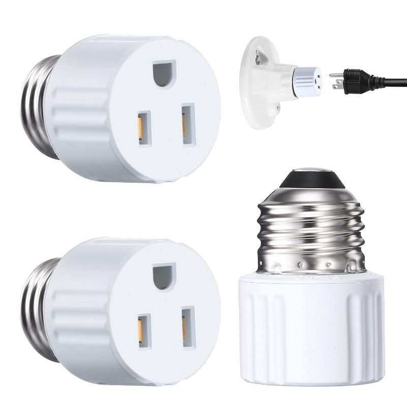 Photo 1 of DEWENWILS Light Socket to Plug Adapter 3 Prong, E26/E27 Light Bulb Outlet Socket Adapter, 2 & 3 Prong Plug Adapter, Light Socket Adapter for Porch Patio Garage, 2 Pack White 