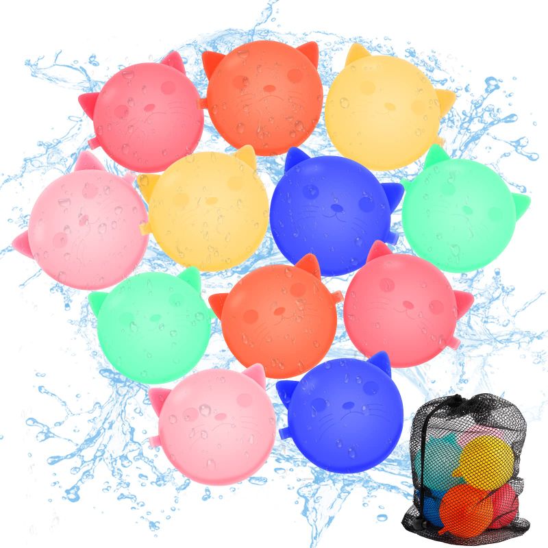 Photo 1 of 12 PCS Reusable Water Balloons Refillable Water Balloons For Kids Silicone WaterBallons Toys With Mesh Bag Quick Fill Summer Water Games Suitable For Outdoor 12pcs Reusable Water Balloons