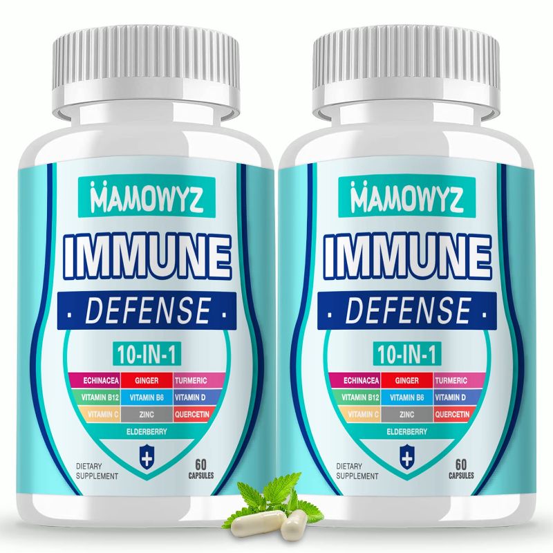 Photo 1 of 10 in 1 Immune Support Supplement - Immune System Booster for Adults & Children - Vitamin C B6 B12 D, Zinc, Quercetin, Echinacea, Elderberry, Turmeric Extract and Ginger Extract - 60 Capsules (2 Pack) exp 3 - 2024 