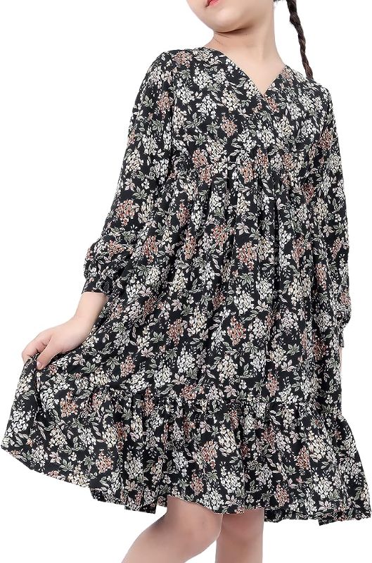 Photo 1 of Merry Day Girl Dress Casual Long Sleeve V-Neck Vintage Floral Print Lines Swing Midi Dresses for Girls 3-4T