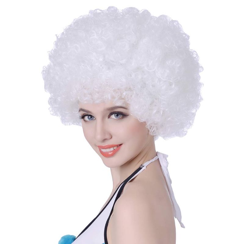 Photo 1 of AICKER Short Kinky Curly Afro Wig for Women Men, 70s Synthetic Heat Resistant Wigs, Funny Party Cosplay Hair (White)