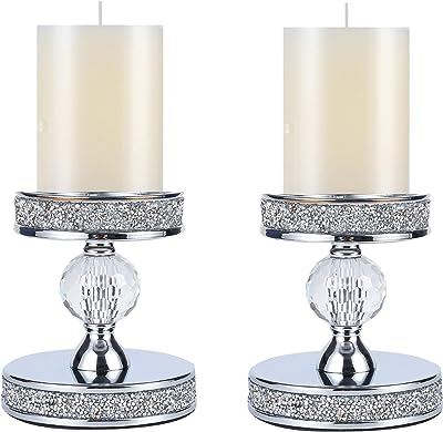 Photo 1 of 2 PCS Candle Holders,Pillar Crystal Candle Holder,Silver Candlesticks Holder for Coffee Dining Table, Wedding, Christmas, Home Decoration,Set of 2 (1 Crystal Ball) 