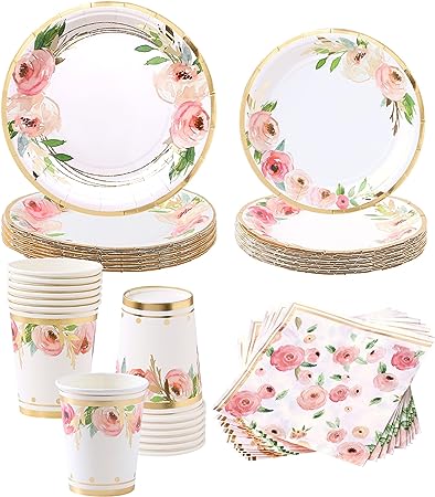 Photo 1 of 
Floral Plates and Napkins Party Supplies - Serves 16 - Flower Paper Plates Floral Party Cups Floral Baby Shower Decorations for Girl Pink and Gold Bridal Shower Tea Party Flower Birthday Decorations 