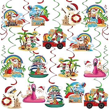 Photo 1 of 36 PCS Christmas in July Decorations, Christmas in July Hanging Swirls, Ceiling Swirl Decorations Indoor Outdoor Holiday Party Decor Ornaments Hawaii Tropical Summer Christmas Party Supplies
