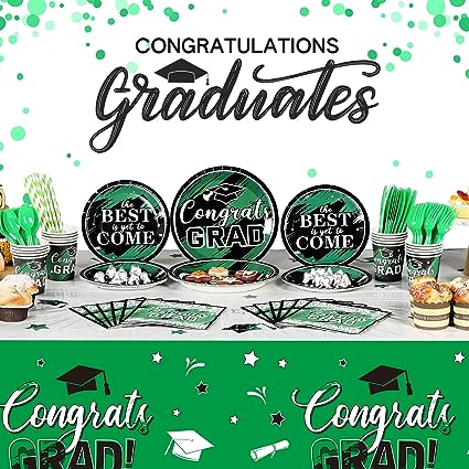 Photo 1 of 193 Pcs Congrats Grad Party Supplies Set Graduation Decoration Class of 2023 Graduate Tablecloth Cups Plates Napkins Tableware for Event Celebration Party Supply, Serves 24 (Green and White) 