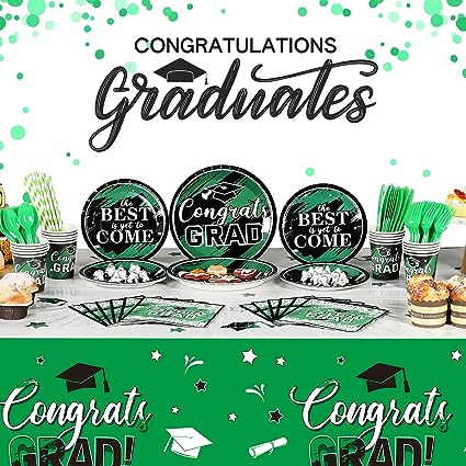 Photo 1 of 193 Pcs Congrats Grad Party Supplies Set Graduation Decoration Class of 2023 Graduate Tablecloth Cups Plates Napkins Tableware for Event Celebration Party Supply, Serves 24 (Green and White)
