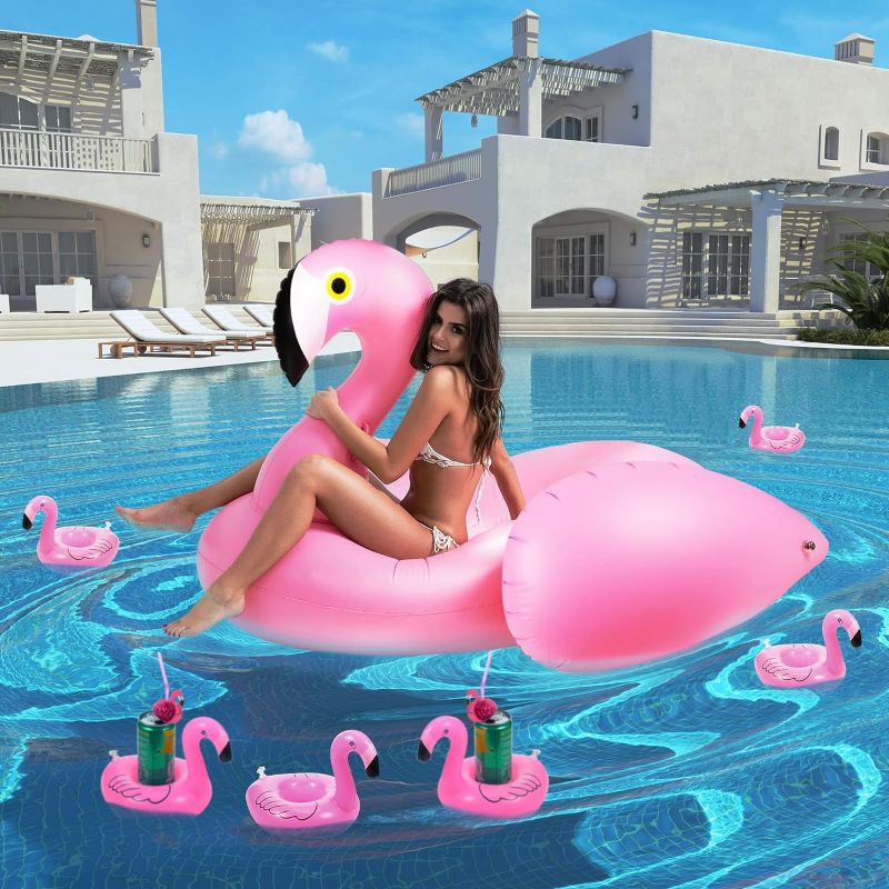 Photo 1 of 25 Pcs 6.3ft Flamingo Pool Float Floating Cup Holder Straws Set, Giant Flamingo Swimming Pool Floatie Lounge Floating Raft and 12 Pcs Float Coasters Inflatable Drink Holder 12 Pcs Flamingo Paper Straw
