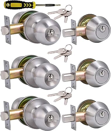 Photo 2 of (3Sets) All Keyed Same Entry Door Knob and Single Cylinder Deadbolt Combo Set, Satin Nickel Exterior Door Knobs with Lock and Keys for Entrance and Front Door
