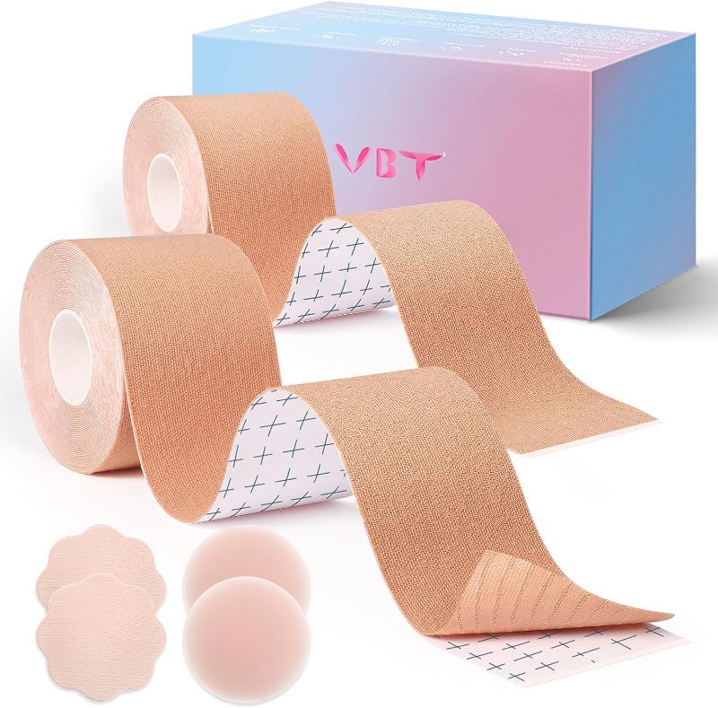 Photo 1 of 2 Pack Boob Tape - Breast Lift Tape, Body Tape for Breast Lift w 2 Pcs Silicone Breast Reusable Adhesive Bra& 2 Pcs Fabric Nipple Covers, Bob Tape for Large Breasts A-G Cup, Nude
