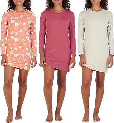 Photo 1 of (SIZE 1X) Real Essentials 3 Pack: Women's Nightshirt Long Sleeve Ultra-Soft Print Nightgown Sleep Dress