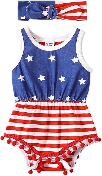 Photo 2 of (9-12 months) PATPAT Baby Girl Floral Romper Sleeveless Pompom Tassel Bodysuit Infant Jumpsuit Outfit Set with Headband 0-18 Months