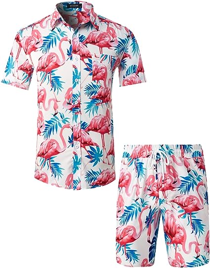 Photo 1 of ( 3X) MCEDAR Men's Casual Button-Down Short Sleeve Hawaiian Shirt Suits Fit Beach Floral 2 Piece Vacation Outfits Sets