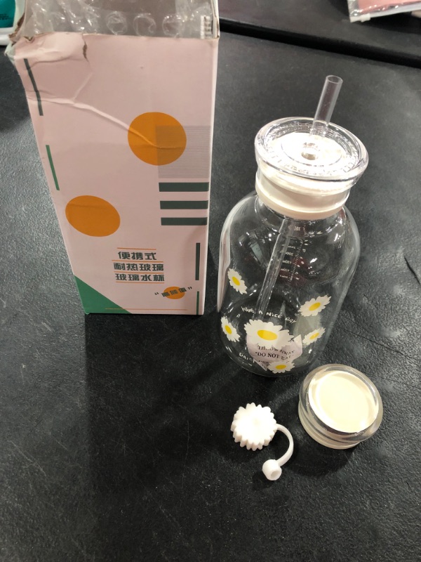 Photo 2 of 480ml Milk Juice Cute Water Bottle with Scale 2 Lids Little daisy Matte Portable Transparent Water Cup Glass Bottles Creative Handy Cup with Straw and Straw Plug (Transparent 6 flowers)