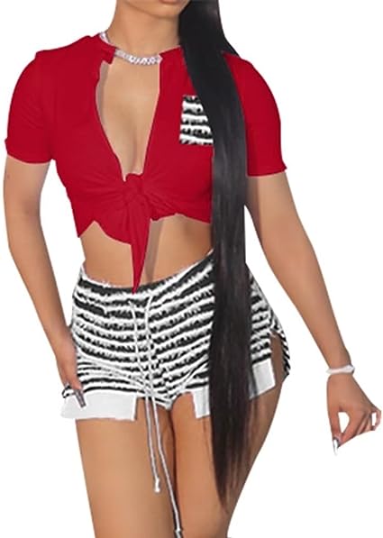 Photo 1 of (XL) 2 Piece Fuzzy Short Set for Women Tie Front Short Sleeve Crop Top Drawstring Striped Shorts Matching Set