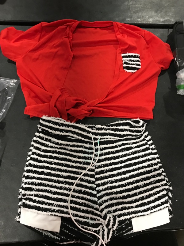 Photo 2 of (XL) 2 Piece Fuzzy Short Set for Women Tie Front Short Sleeve Crop Top Drawstring Striped Shorts Matching Set