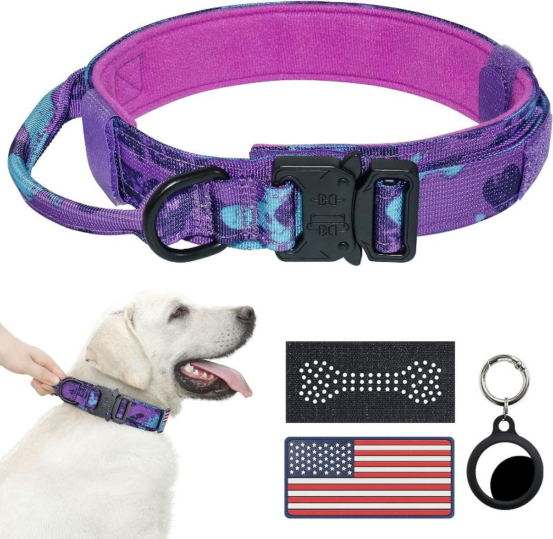 Photo 1 of (MEDIUM) Hotsky Tactical Dog Collar - Adjustable Military Training Nylon Dog Collar with Handle and Heavy Duty Metal Buckle for Medium Large Dogs, with Airtag Holder and 2 Patches BLACK