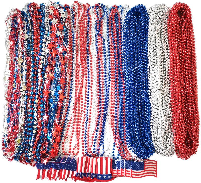 Photo 1 of 216 Pcs 4th of July Beads Bulk, Metallic Red Bule Silver Patriotic Star Bead Necklaces for 4th of July Independence Day, Patriotic Parade