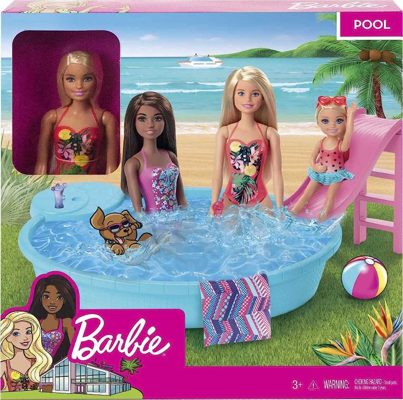 Photo 1 of ?Barbie Doll, 11.5-Inch Blonde, and Pool Playset with Slide and Accessories, Gift for 3 to 7 Year Olds