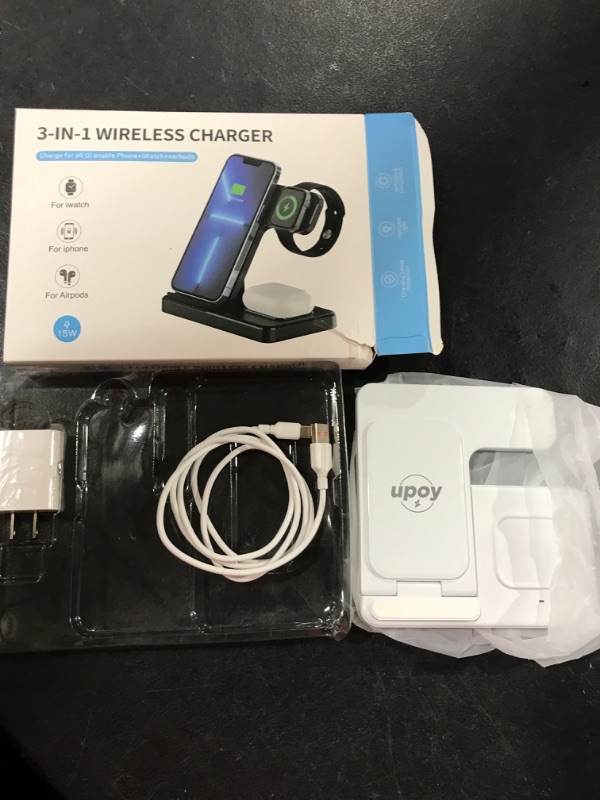 Photo 2 of 3 in 1 Wireless Charger Upoy, Charging Station for iPhone 14/13/12/11/Pro/Max/XS/XR/X/8/Plus/Apple Watch 7/6/5/4/3/2/SE/AirPods 3/2/Pro, Foldable Phone Charger Stand Pad Accessories