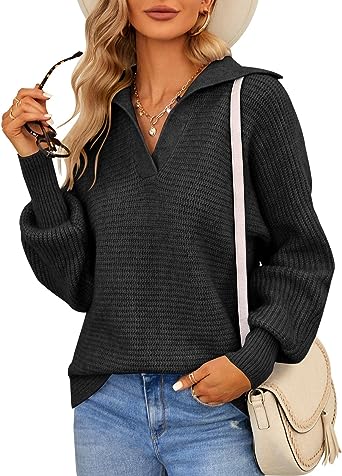 Photo 1 of (LARGE) Womens Polo Long Batwing Sleeve V Neck Pullover Sweaters Solid Ribbed Collar Knit Sweater Oversized Chunky Jumper Tops