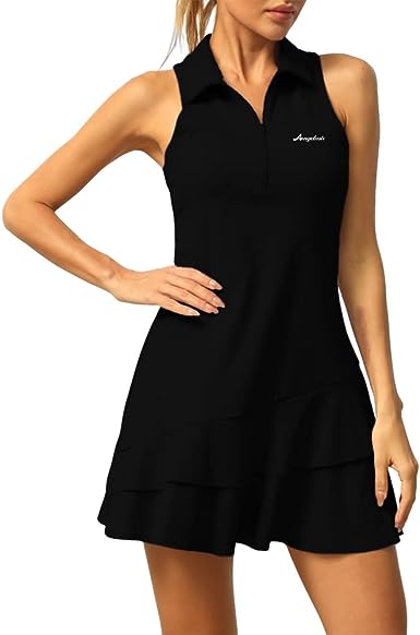 Photo 1 of (XL) Aurgelmir Women's Sleeveless Tennis Golf Dress Athletic Exercise Workout Dresses with Shorts Pockets BLACK