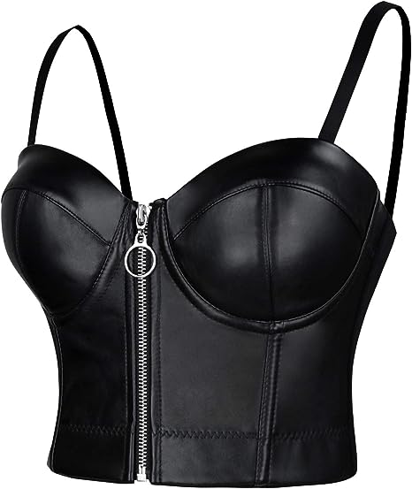 Photo 1 of (SMALL) Charmian Women's Spaghetti Straps PU Leather Bustier Crop Top