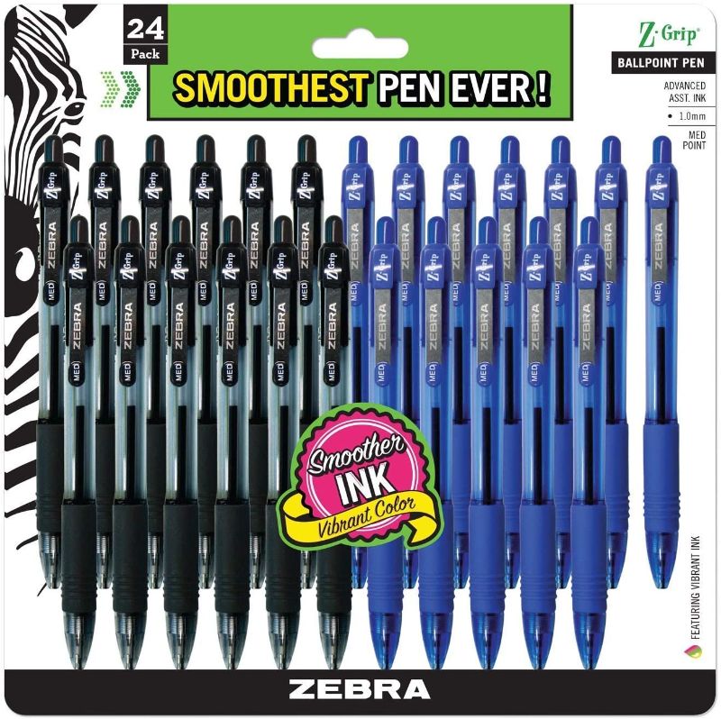 Photo 1 of ZEBRA , bulk pack of 24 ink pens, Z-Grip Retractable ballpoint pens Medium point 1.0 mm, 12 black & 12 Blue pens combo pack