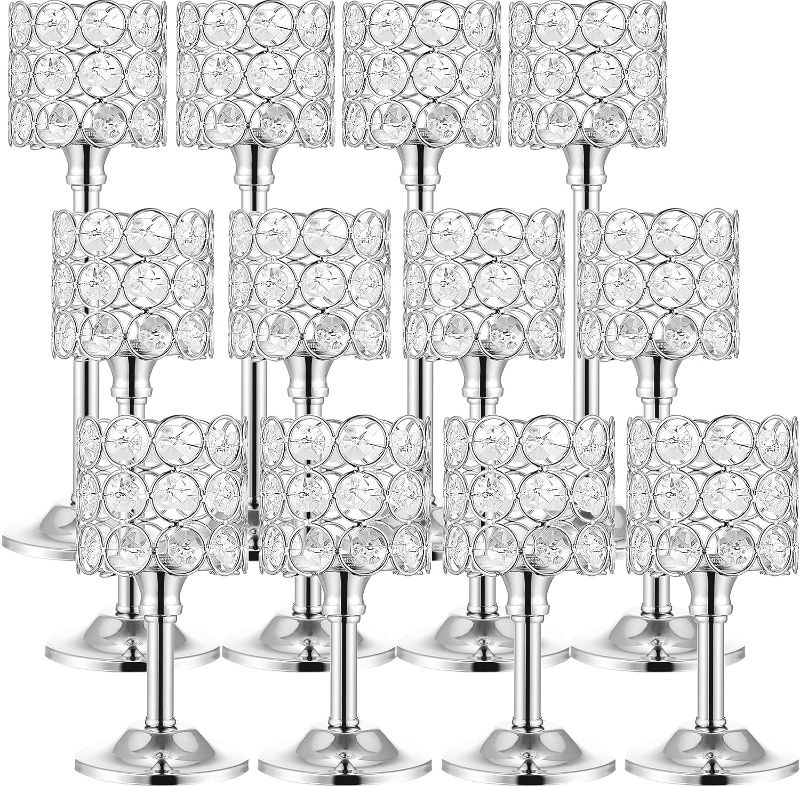 Photo 2 of 12 Pieces Crystal Candle Holders Wedding Candlestick Holders Pillar Candelabra Stand for Table Centerpieces for Christmas Party Wedding Dining Decoration (Silver)